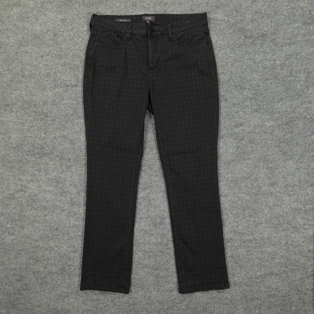 NYDJ Sheri Slim Jeans Womens 10 Black Check Skinny Stretch Mid Rise Lift Tuck